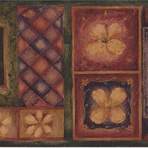 May include: Wallpaper border with framed images of a leaf, flowers, and a butterfly. The frames are in a series, with a colour palette of brown, green, and purple. The design is decorative.