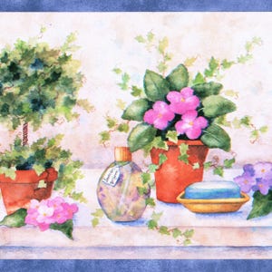 Vintage Spa Botanical Wallpaper Border – Watercolor Potted Plants, Ivy (Prepasted)