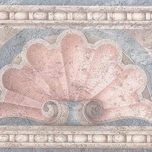 May include: Decorative wallpaper border featuring a stylized seashell design in shades of pink, blue, and beige. The design includes a repeating pattern of shell-like shapes and a textured appearance, suitable for interior decor.