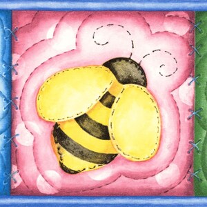 May include: A whimsical illustration of a bee on a pink flower-shaped background. The bee has yellow and black stripes, with yellow wings. The flower is surrounded by a blue border with stitched details, suggesting a fabric or quilt design.