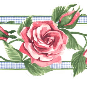Bordure de papier peint vintage rose Vichy - Bordure murale florale picturale (préencollée)