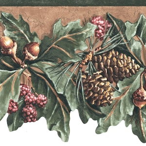 May include: Decorative wallpaper border featuring a nature-inspired design. The border showcases green leaves, acorns, pine cones, and red berries against a brown background. The top edge is a dark green color.