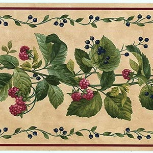 May include: A decorative border featuring a repeating pattern of green leaves, red raspberries, and dark blue blueberries on a beige background. The design includes a thin red line at the top and bottom.