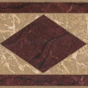 May include: A close-up of a decorative border with a repeating geometric pattern. The design features a central maroon diamond shape, framed by beige marble-like sections and maroon horizontal bands. The pattern is symmetrical and suitable for interior design.