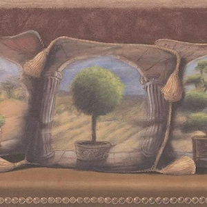 May include: Wallpaper border featuring a painted landscape scene. The design includes an archway with columns, a potted topiary tree, and decorative tassels. The color palette is muted with shades of brown, beige, and green.
