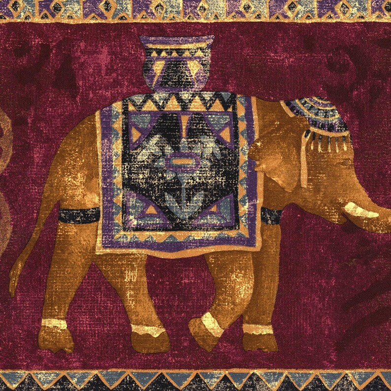 Golden Elephant Parade Wallpaper Border - Burgundy and Gold Traditional ...