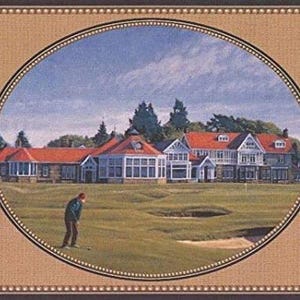 May include: An oval-shaped framed print depicting a golf course scene. A golfer in a red hat and green jacket is about to swing. Buildings with red roofs and white walls are in the background, under a blue sky.
