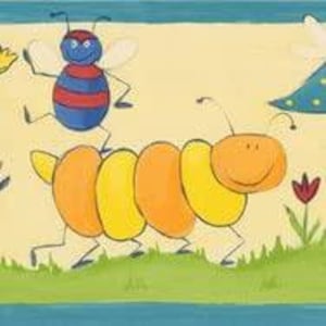 May include: A whimsical illustration featuring a cartoon bee with a blue head and red and blue striped body, and a caterpillar with orange and yellow segments. The background is a light yellow with green grass and a red flower.