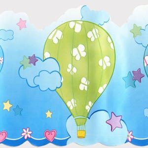 Pastel Hot Air Balloon Border – Clouds, Stars, Nursery Playroom Decor (Peel and Stick)