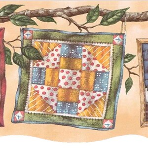 Patchwork quilt line prepasted wallpaper border 15ft x 7in - charming blanket and vine wall trim for cozy farmhouse cottage kitchen decor