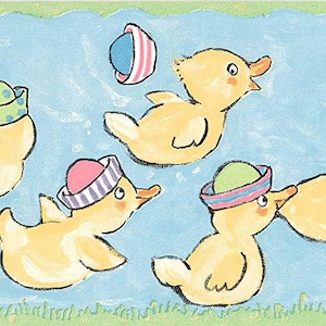 Dapper Duckling Wallpaper Border – Playful River Scene, Nursery Decor (Prepasted Vinyl)