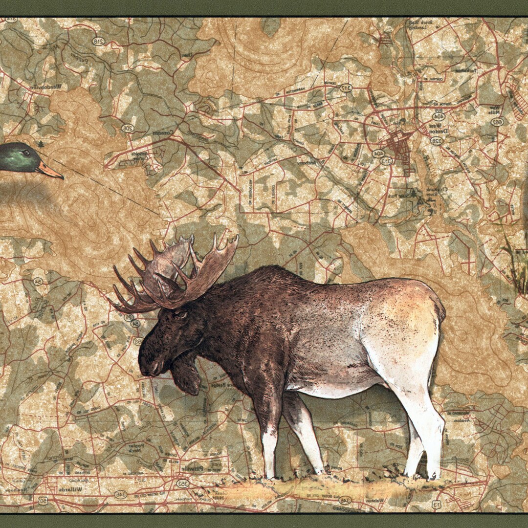 Prepasted Wallpaper Border – Moose, Bear, Duck, Map Design (roll 15 Ft ...