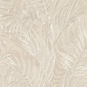 May include: A beige wallpaper with a repeating pattern of stylized palm leaves. The leaves are a lighter shade of beige, creating a subtle, textured effect. The design evokes a tropical or botanical theme.
