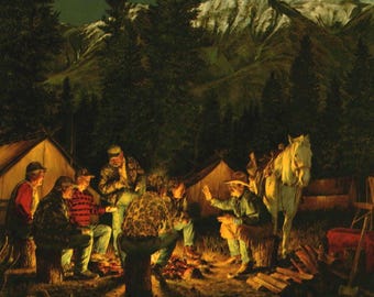 Mountain Campfire Wallpaper Border – Rustic Cowboy Night Scene, Log Cabin Decor (Prepasted)