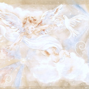 May include: Watercolor painting of a cherubic angel with curly hair, white wings, and flowing white fabric. A white dove flies nearby. The background features soft clouds, light rays, and a subtle color palette of beige, white, and blue.