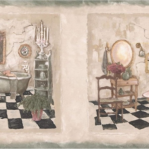 May include: A decorative bathroom scene in two panels. Each panel shows a claw-foot bathtub, antique furniture, and a black and white checkered floor. The walls have an aged appearance, creating a vintage aesthetic.