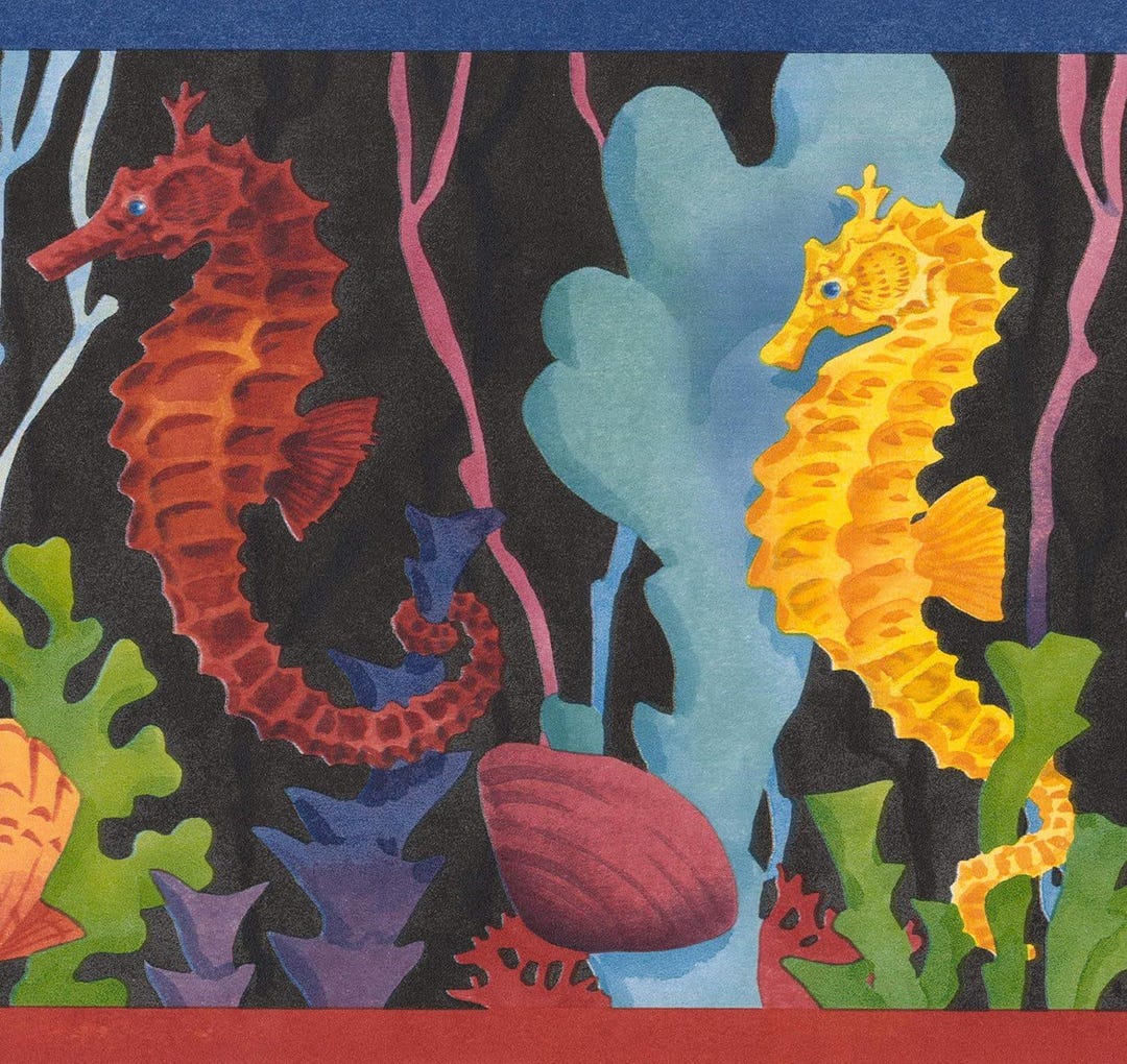 Seahorse Reef Wallpaper Border - Vibrant Marine Life in Yellow (15 Ft X ...