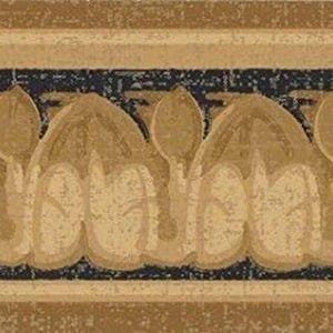 May include: Decorative wallpaper border featuring a repeating pattern of stylized floral or leaf-like shapes in shades of beige and tan, with a dark blue accent. The design has a textured, aged appearance.