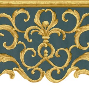 May include: Wallpaper border with a teal backdrop and elaborate gold scrollwork. A gold border runs along the top. The design is classic and elegant, suitable for interior decoration.