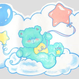Dreamy Cloud Teddy Bear Wallpaper Border – Pink Bunny, Teal Bear Nursery Wall Trim