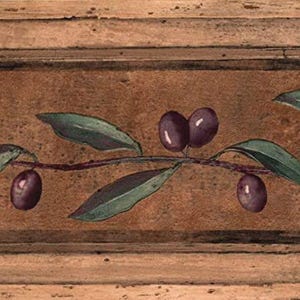 May include: Wallpaper border with a repeating olive branch design. The pattern includes dark purple olives and green leaves against a textured brown backdrop, framed by a light brown border.