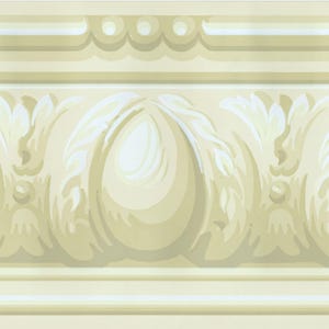 May include: Cream-coloured decorative moulding with a repeating floral and scroll design. The moulding features a layered effect with a scalloped top edge and a smooth bottom edge. The design is in shades of cream and off-white.