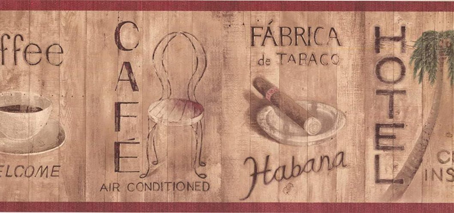 Habana Cafe Wood Sign Wallpaper Border - Rustic Coffee Cigar Kitchen ...