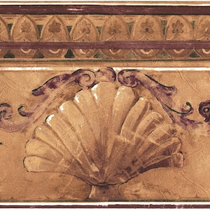 May include: Decorative wallpaper border featuring a large, detailed seashell in shades of tan and brown. The design includes ornate scrollwork and a repeating pattern of stylized floral elements in a complementary color palette of burgundy and green.