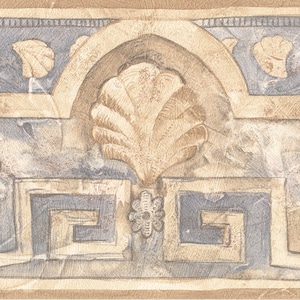May include: Decorative wallpaper border featuring a repeating pattern of stylized seashell and floral motifs. The design incorporates beige, tan, and blue-gray tones, with a textured, aged appearance. The border has a classical, vintage aesthetic.