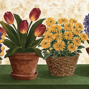 May include: A decorative border featuring potted flowers. A terracotta pot holds tulips with red and yellow petals. A woven basket contains yellow daisies. The background is a textured beige.