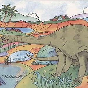 Könnte beinhalten: Bunte Illustration von Dinosauriern in einer prähistorischen Landschaft. Ein großer, grüner Dinosaurier mit braunen Flecken steht im Vordergrund. Das Bild enthält Text, der die Dinosaurier als Mixosaurus und Plateosaurus identifiziert, mit der Trias-Periode.