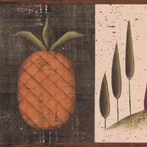 May include: A rustic painting of a pineapple with green leaves. The pineapple is orange with a textured surface. To the right are three tall, thin green plants against a cream background.