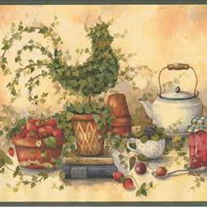 Prepasted Ivy Strawberry Teapot Wallpaper Border – Vintage Farmhouse Kitchen Wall Trim