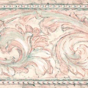Bordo per carta da parati classico damascato – Decorazione murale floreale color crema salvia (vinile preincollato)