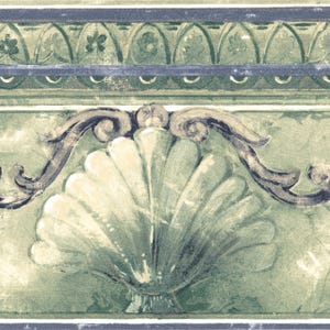 Vintage Coastal Shell Wallpaper Border – Sage Green, Slate Gray Cottage Decor