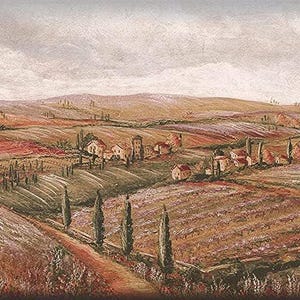 May include: A painted landscape of a Tuscan countryside. The image shows rolling hills, vineyards, and small buildings with red roofs. The color scheme includes browns, greens, and beige, with a cloudy sky overhead.