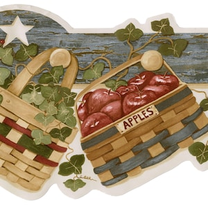 May include: Decorative border featuring two woven baskets. One basket is filled with green leaves, the other with red apples. The apple basket has a label that reads "APPLES". The background includes a white star and blue wooden planks.