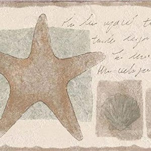 May include: A decorative border featuring a large, tan starfish and seashell illustrations. The design includes handwritten script and square, textured backgrounds in shades of beige and green. The text reads: "He he ward thed..."