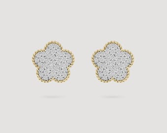 Milgrain Pave Diamond Flower Stud Earrings, Vintage Style Earrings, 14K Gold Floral Cluster Studs, Dainty Bridal Earrings, Gift for Her