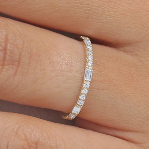 14K Gold Diamond Eternity Band, Baguette & Round Diamond Stacking Ring, Minimalist Wedding Band, Thin Anniversary Ring