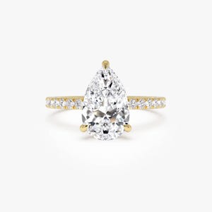 Anillo de compromiso con diamante sintético de 2 quilates talla pera, anillo solitario, engaste pavé de oro de 14 quilates y halo oculto, anillo nupcial minimalista.