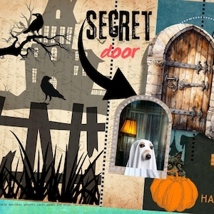 Puede incluir: Ilustración de Halloween con una casa embrujada, cuervos y la frase "SECRET door". Un perro disfrazado de fantasma y un gato negro están sentados cerca de una calabaza tallada. La imagen tiene un estilo vintage.
