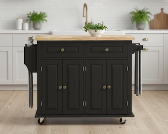 Rolling Kitchen Island Cart, Solid Wood Top, Storage Cabinets, Spice Rack, Towel Bar