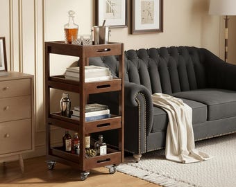 Slim Solid Wood Rolling Cart: 4-Tier Mobile Kitchen Organizer with Drawers