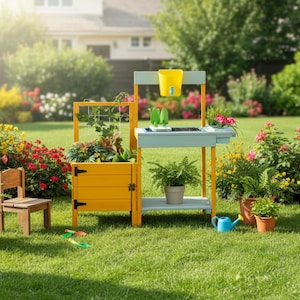 May include: A colorful wooden outdoor play set for gardening, featuring a yellow potting bench, a small wooden chair, and a variety of potted plants. The set is on a green lawn with a backdrop of flowers and a house.