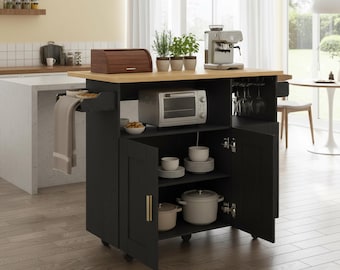 Rolling Kitchen Island Cart with Drop Leaf, Storage, Power Outlet, Spice Rack