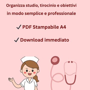 May include: A pink graphic with the text "PLANNER INFERMIERISTICA" and Italian text. It features a cartoon nurse, a stethoscope, and the text "PDF Stampabile A4" and "Download immediato".