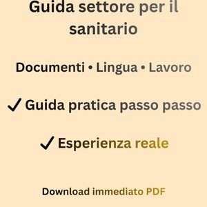Könnte beinhalten: Hellbeige Grafik mit italienischem Text. Der Text enthält "Lavorare in Austria" mit der österreichischen Flagge, "Guida settore per il sanitario" und andere Phrasen im Zusammenhang mit der Arbeit im österreichischen Gesundheitswesen. Es steht auch "Download immediato PDF".