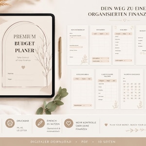 Könnte beinhalten: Ein digitaler Budgetplaner auf einem Tablet-Bildschirm mit beigem Hintergrund, der den Text Premium Budget Planer und Take Control of Your Finance zeigt. Das Set enthält zehn Seiten mit verschiedenen Vorlagen zur Finanzplanung.