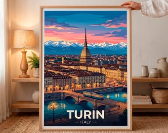 Turin Italien reseaffisch, vintage Turin stadslandskapstryck, retro italiensk väggkonst, färgglad reslustdekor, estetisk present till Europa
